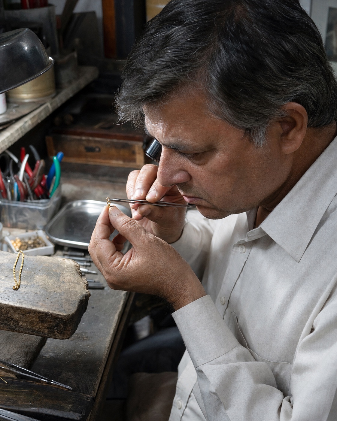 Experienced goldsmith inspecting a fine gold clasp at his workbench